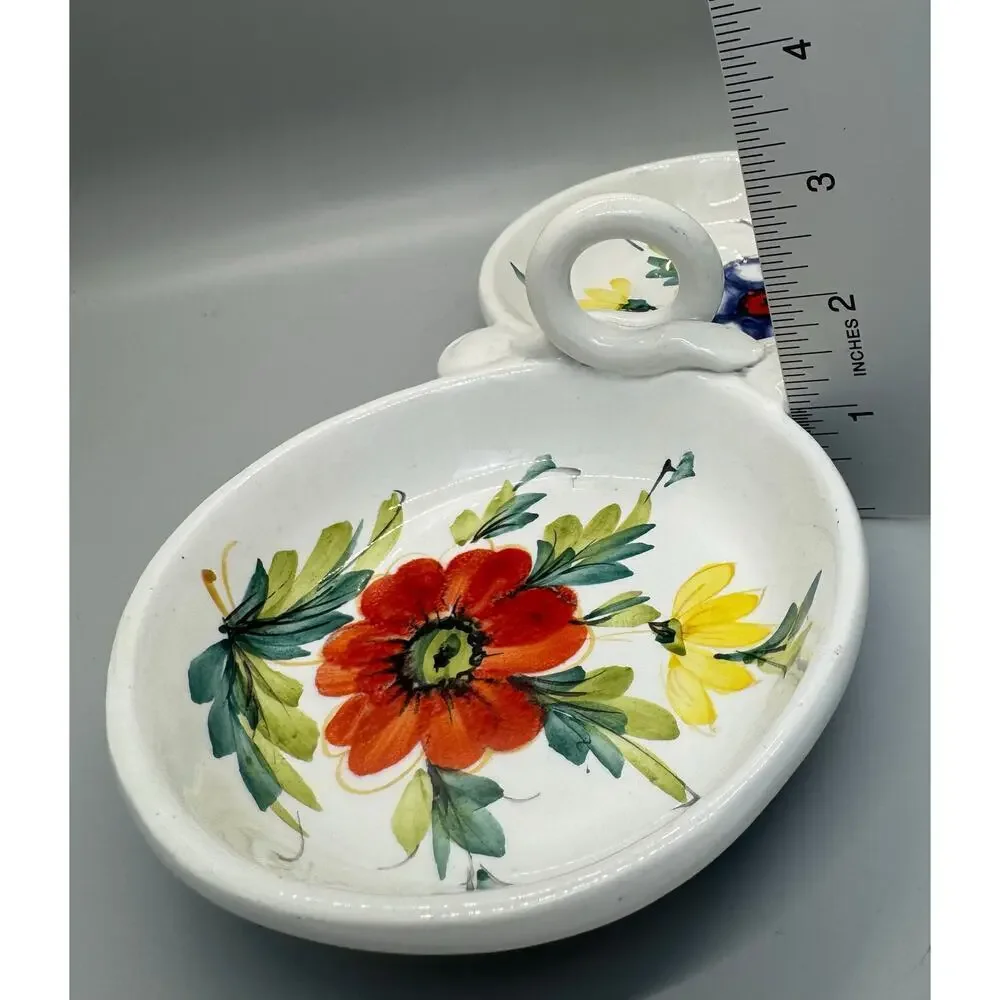 Vintage Beautiful Hand Painted Divided Dish Floral Handle Made In Italy Spring